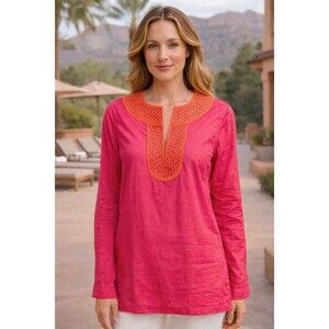 Tory Burch Women’s Embroidered Tunic Top Size 10 Magenta Pink Boho Peasant India